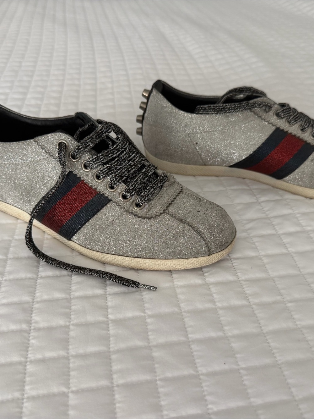 Gucci Silver Glitter Sneakers with Red & Navy Web Stripe